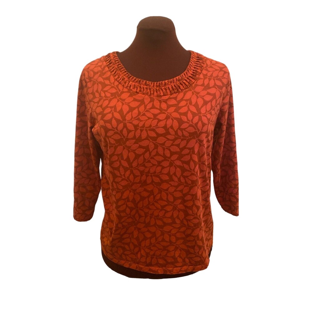 Architect Petites Womens Orange Autumn Leaf Print Pleated Neckline Top Size PL